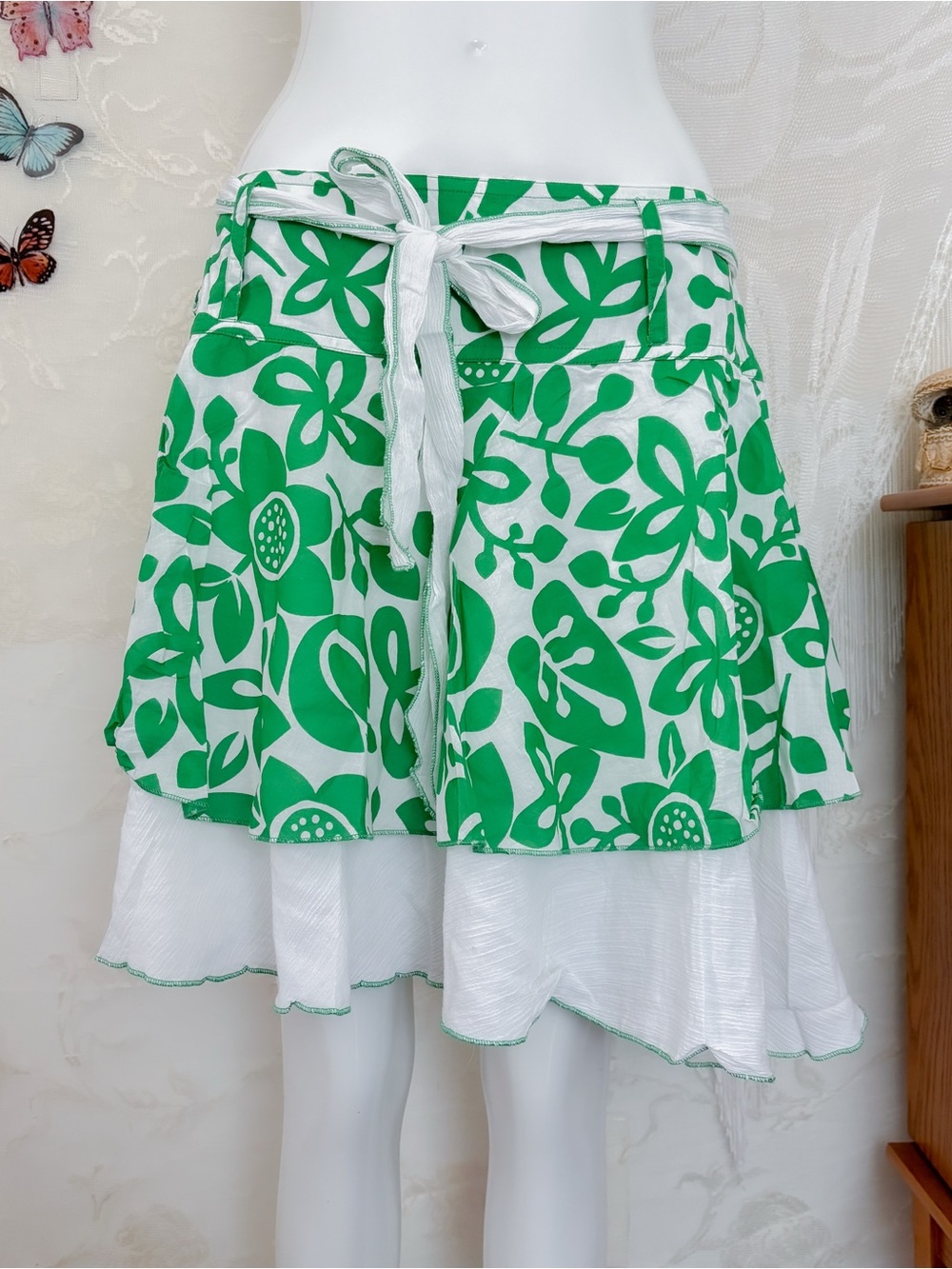 Y2K tropical boho girly super rare flower cotton green white skirt